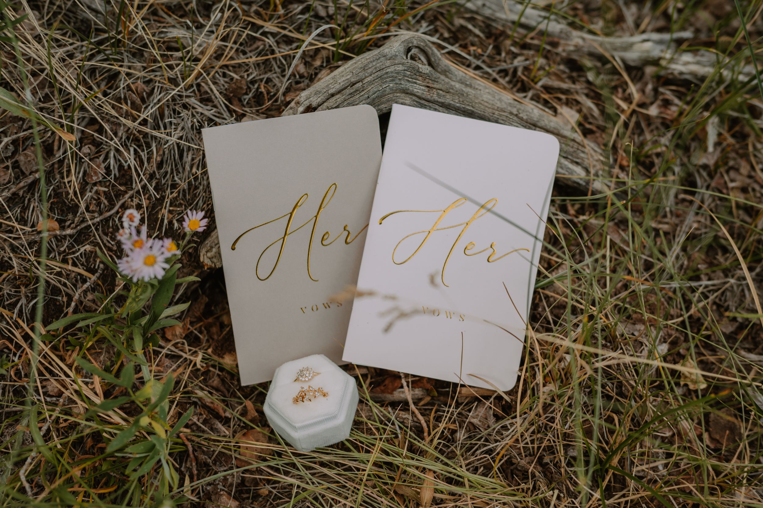 Hers & Hers vow books sit among grass and wildflowers, with two brides' engagement rings in a ring box next to them.
