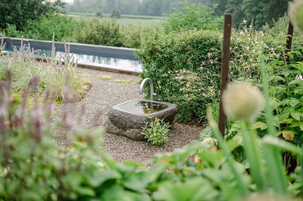 Ein üppig grüner Gartenweg mit blühenden Blumen führt an einem nebligen Sommertag zu einem Aussichtspunkt.