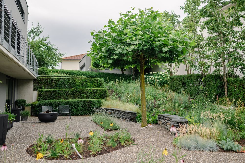 Ein Panoramablick auf einen üppigen Garten mit blühenden Pflanzen, Sträuchern und einem geschwungenen Weg.