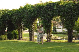 A beautiful garden archway with climbing vines forms a natural tunnel on a manicured green lawn in summer.
