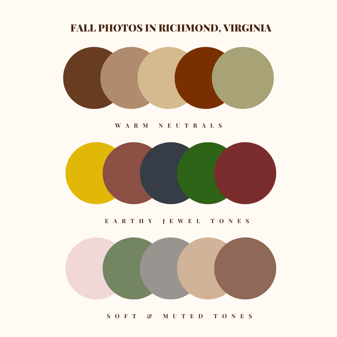 Color palette showcasing warm earth tones, jewel tones, and muted soft tones for fall in Richmond, Virginia, photo session. style guide