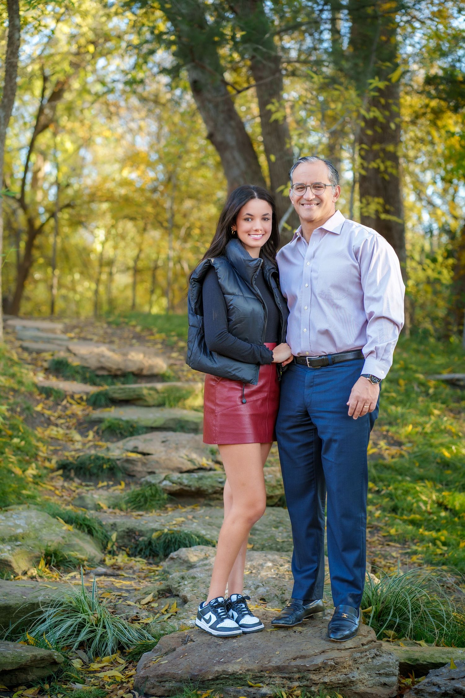 Fall family photo session orange and red trees Grapevine Botanical gardens TX fall outfit outdoors portraits Christmas card dad daughter
