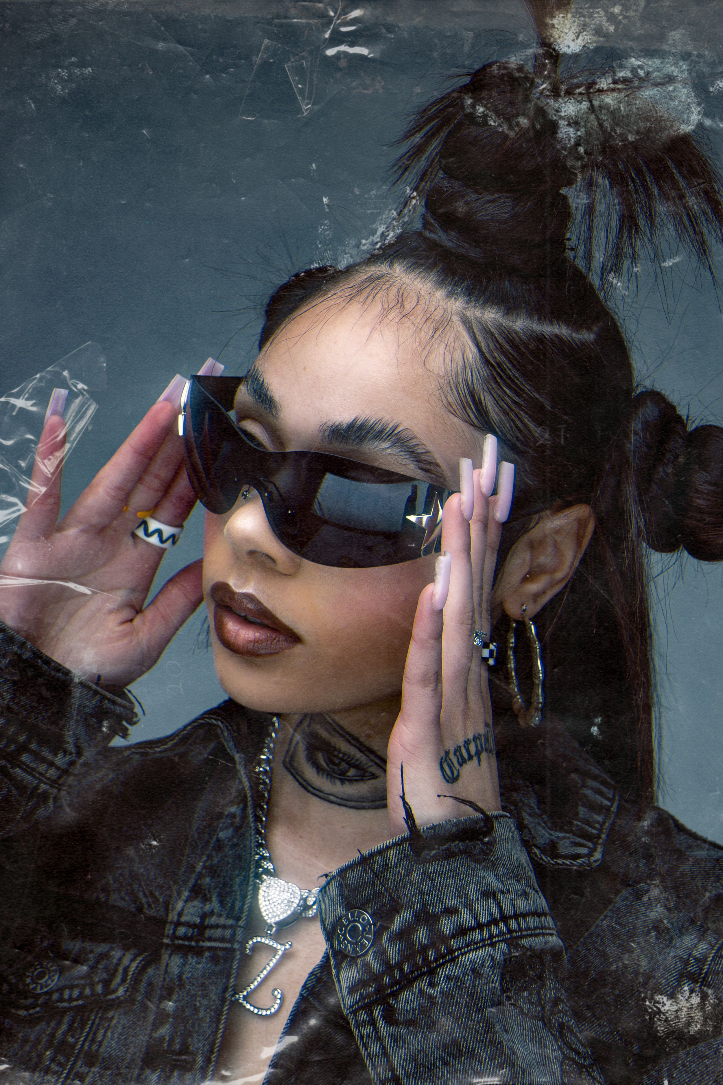 Dramatic portrait series showing a person in dark clothing and sunglasses with gothic styling.