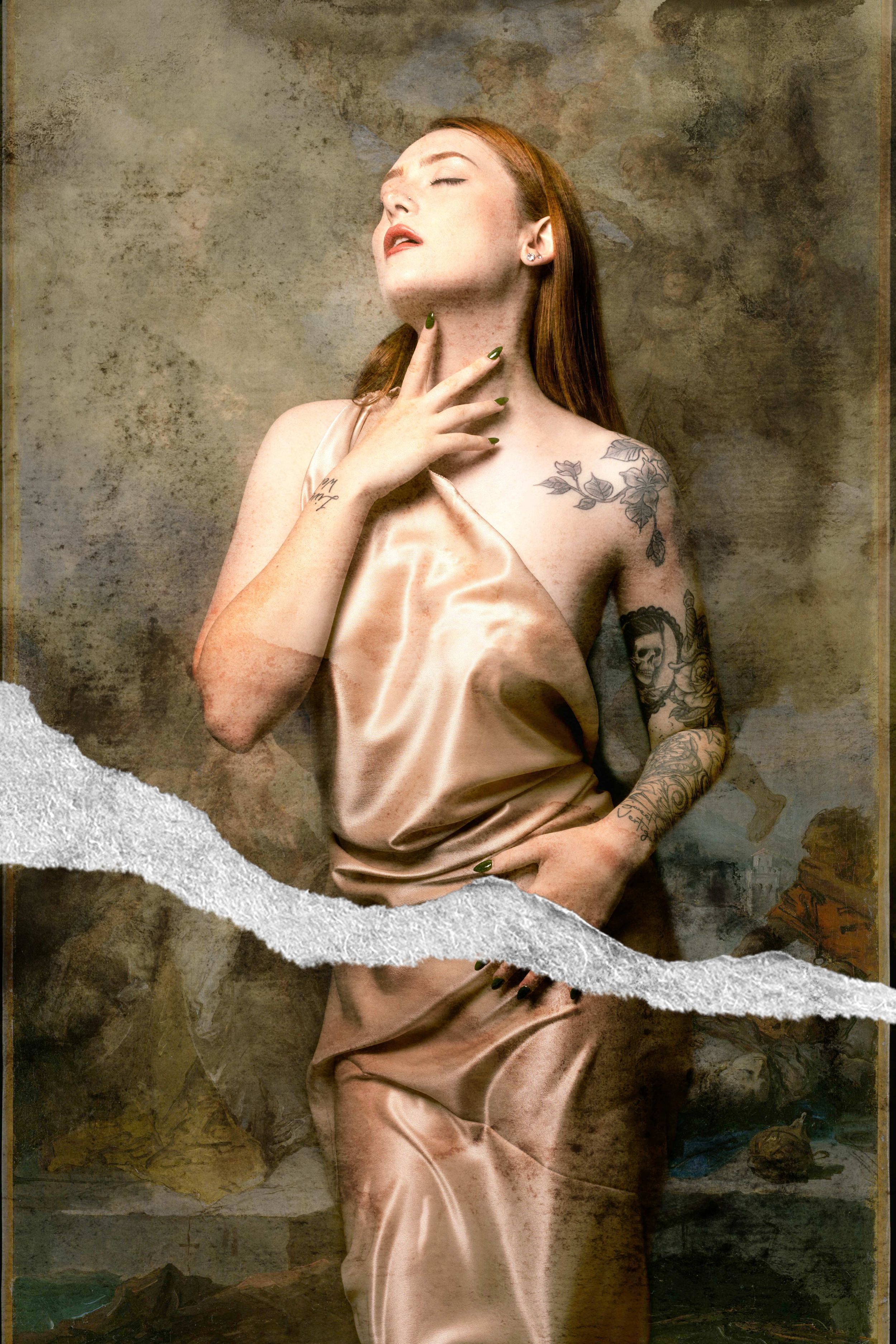 Artistic photo sequence showing a figure in a beige dress against a textured wall background.