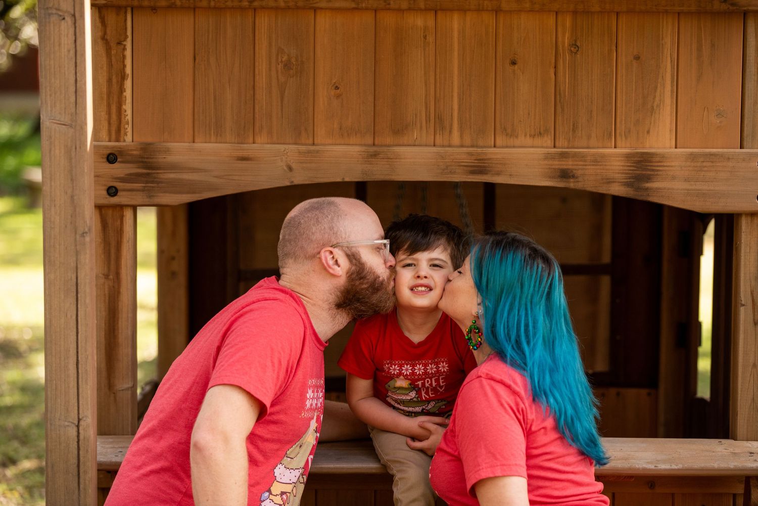 Three connected images show tender moments shared between people at a covered wooden gazebo or patio.