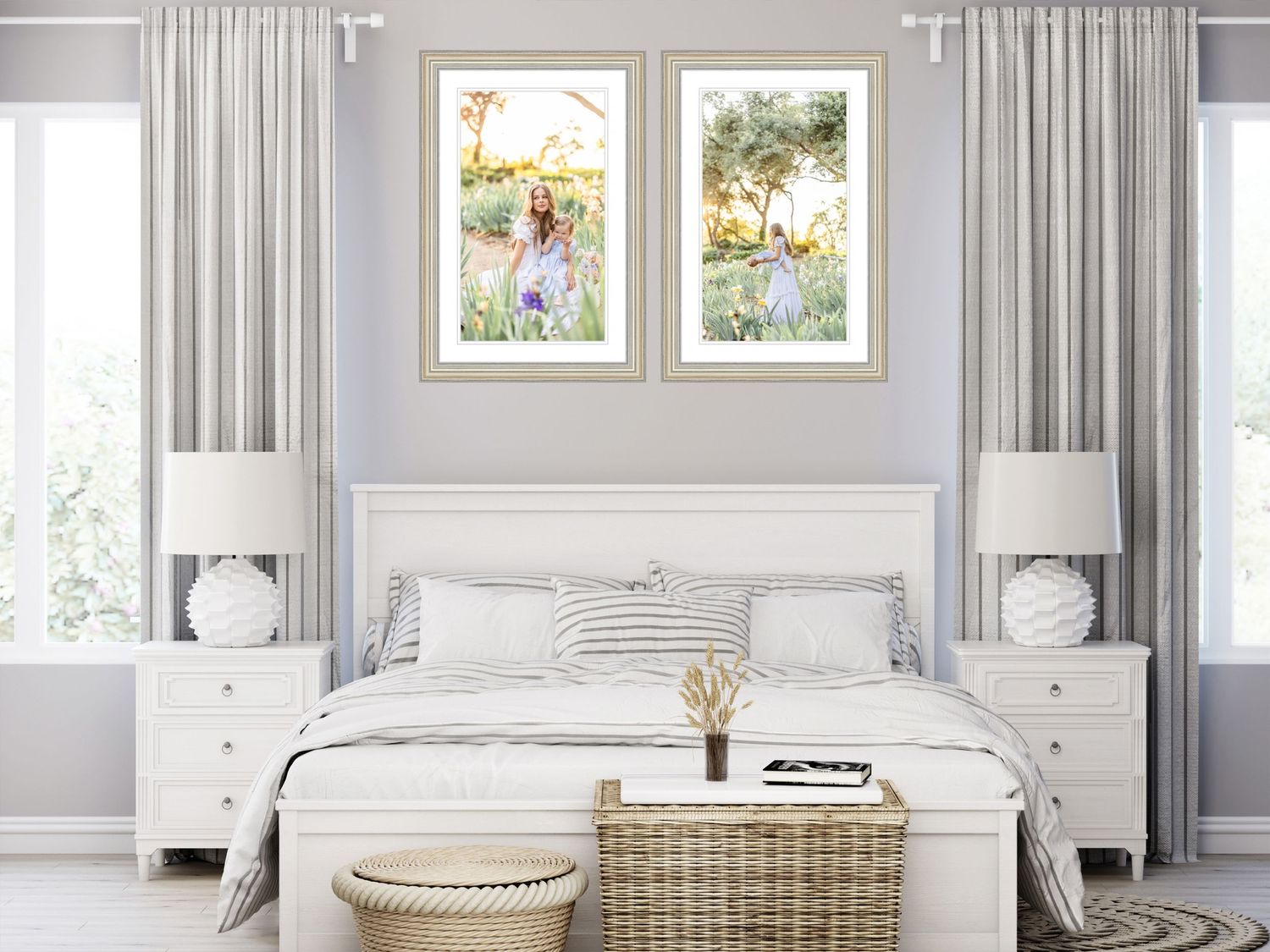 Elegant white bedroom interior with framed photos and grey curtains.
