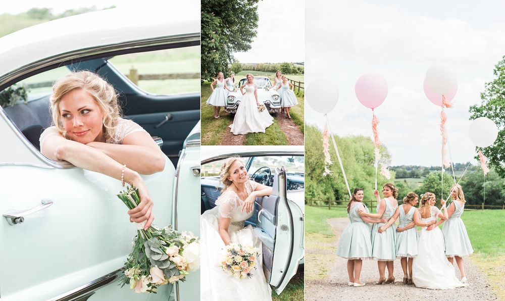 Candid shots of bridesmaids in white dresses posing with vintage cars outdoors.
