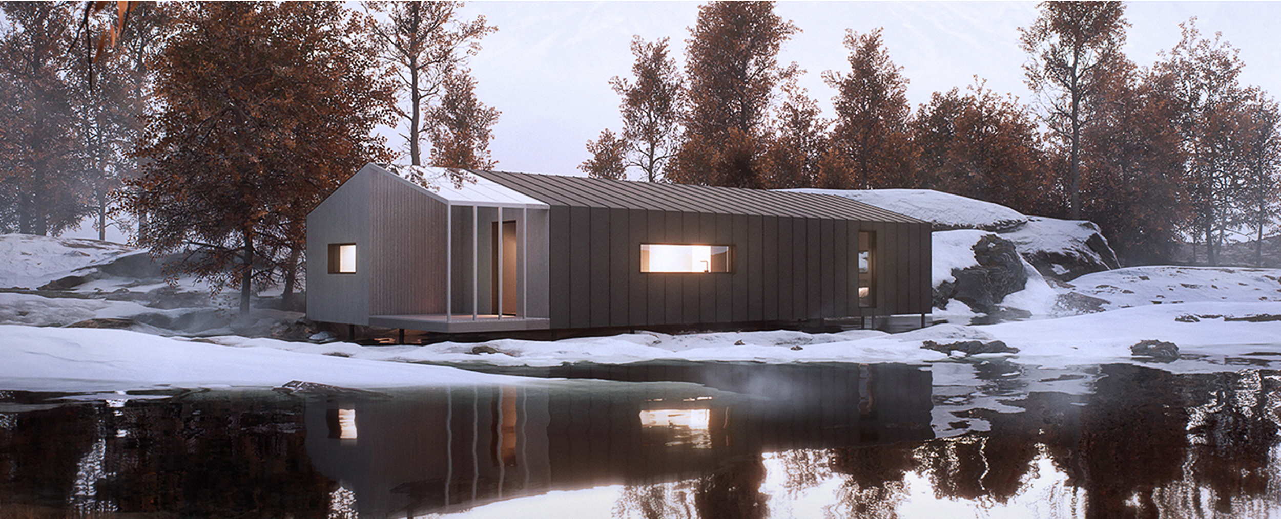 A rustic wooden cabin sits nestled in a snowy forest landscape illuminated by warm interior lighting at dusk.