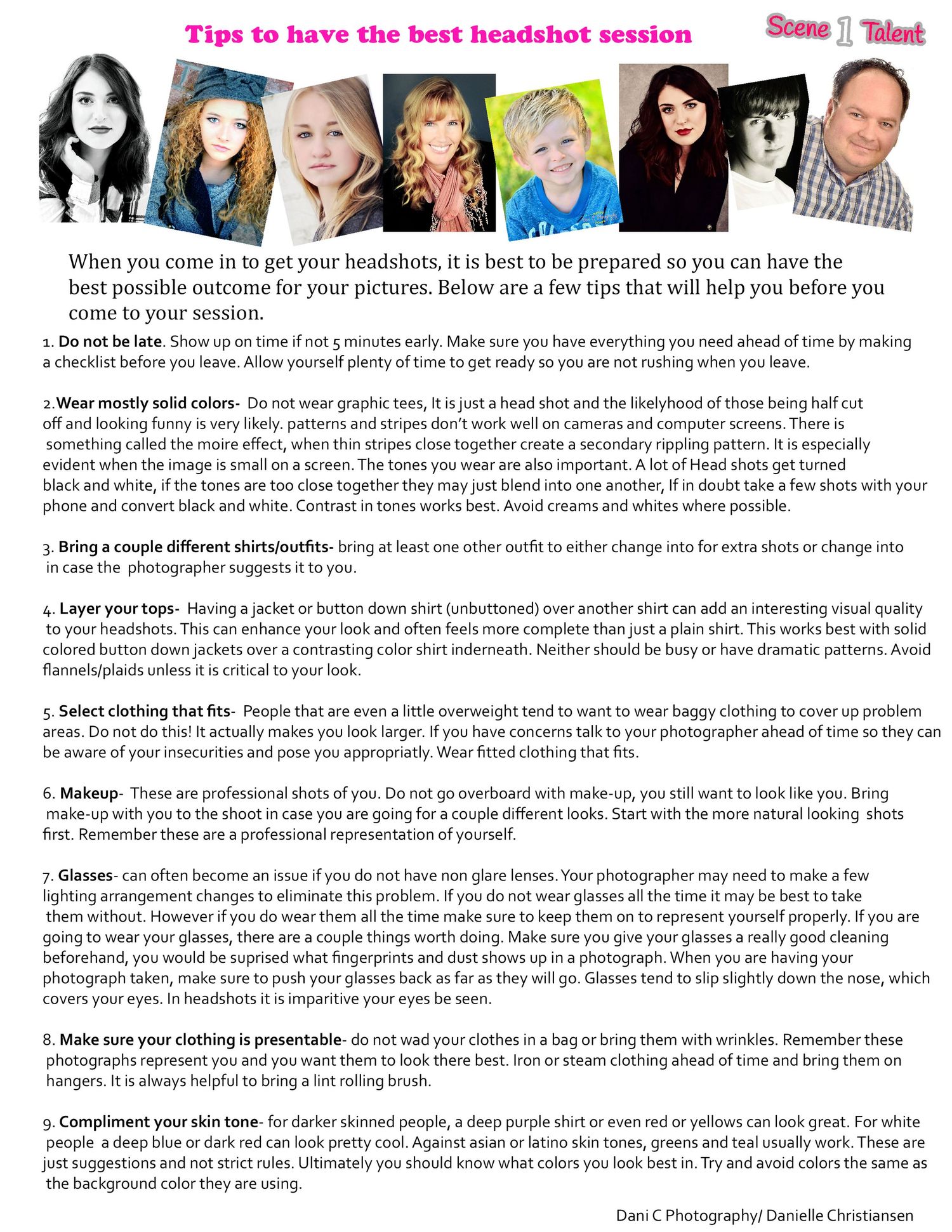 A photo collage displaying headshot photography tips with text instructions and sample portrait images arranged in a professional layout.