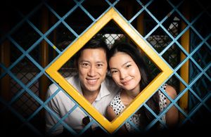 Geometric yellow frames create a dynamic composition against a blue lattice background in a creative photo collage.