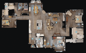 3D floor plans showing various apartment layouts with hardwood floors and modern interior design features.