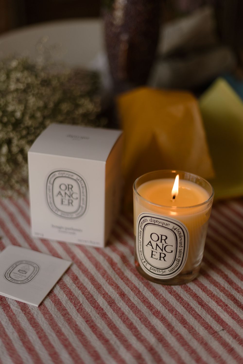 Lit Diptyque candle and packaging on striped cloth with soft warm lighting and autumn decor.