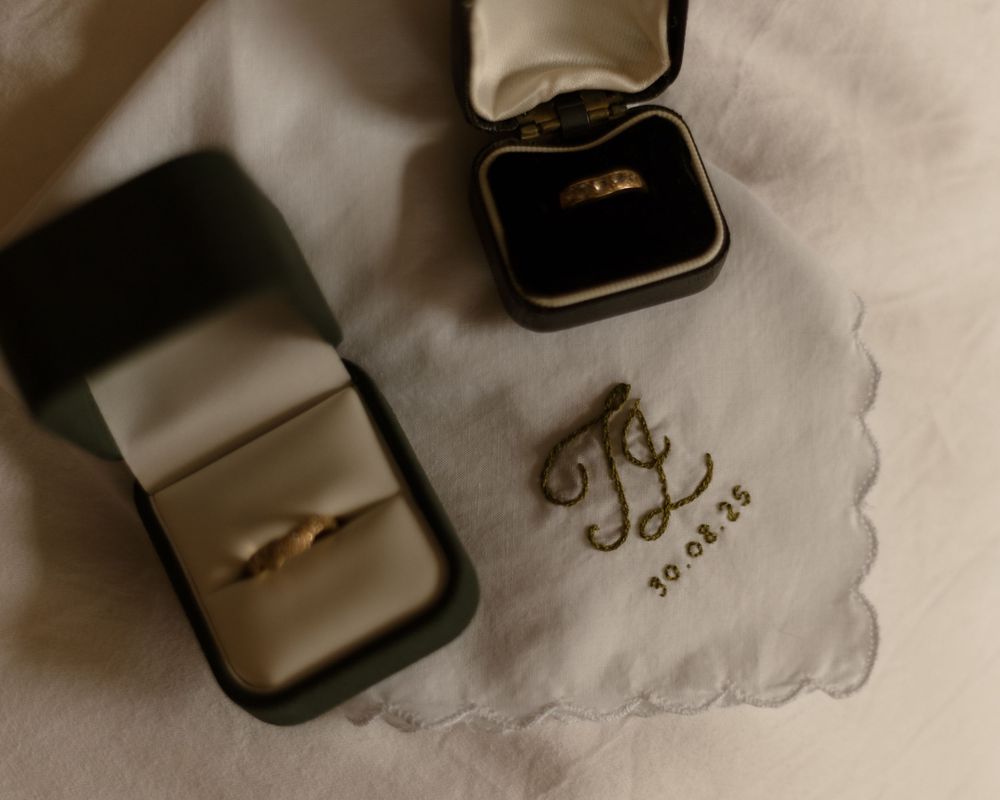 Wedding ring in a round black velvet box photographed from five different angles against a white background.