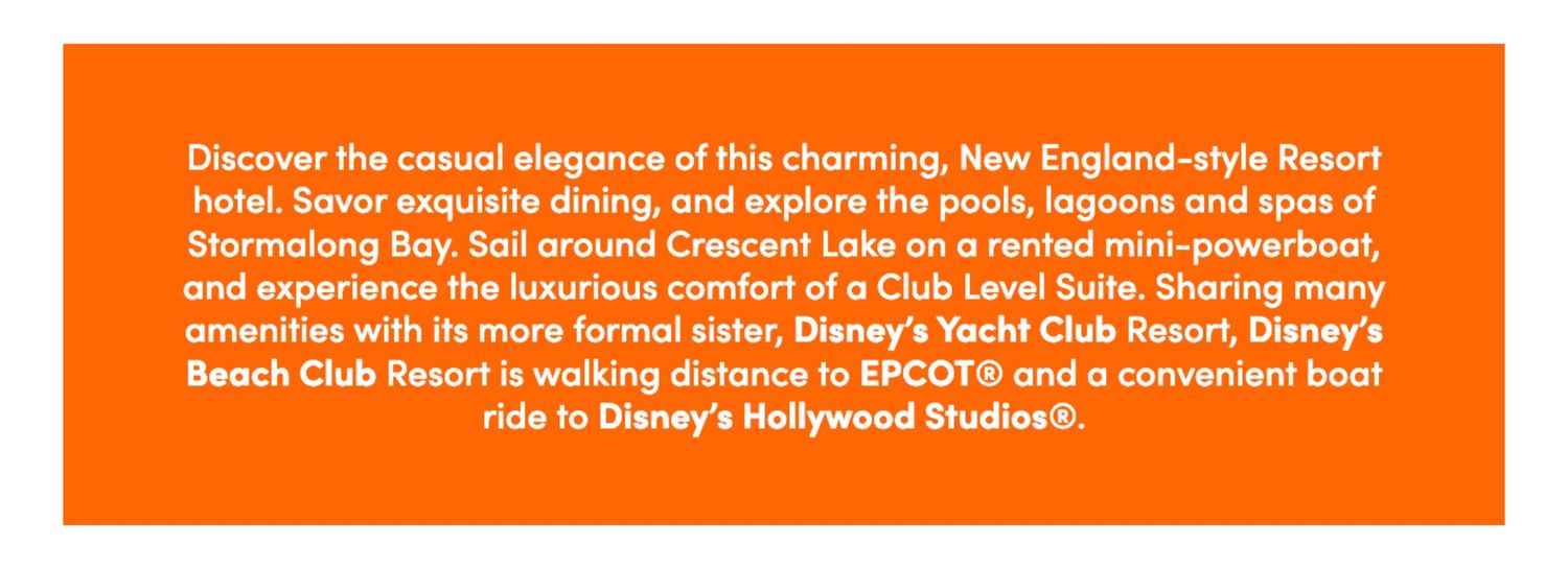 Orange rectangular text block describing Disney resort amenities.
