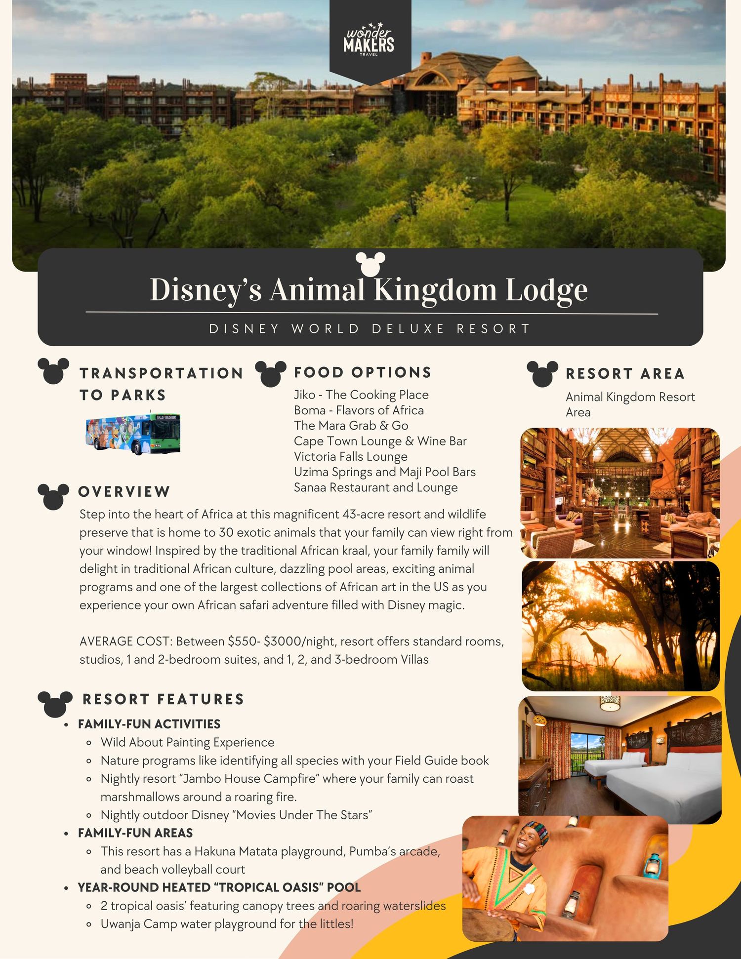 Photo collage of Animal Kingdom Lodge showing architecture, rooms, and amenities.
