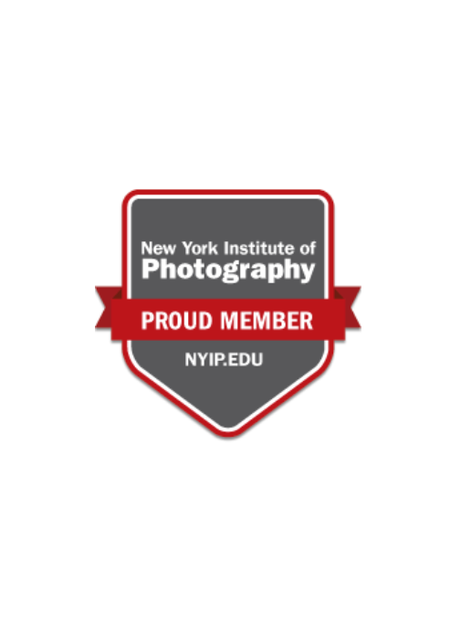 Badge showing proud member status of the New York Institute of Photography with red and gray shield design.