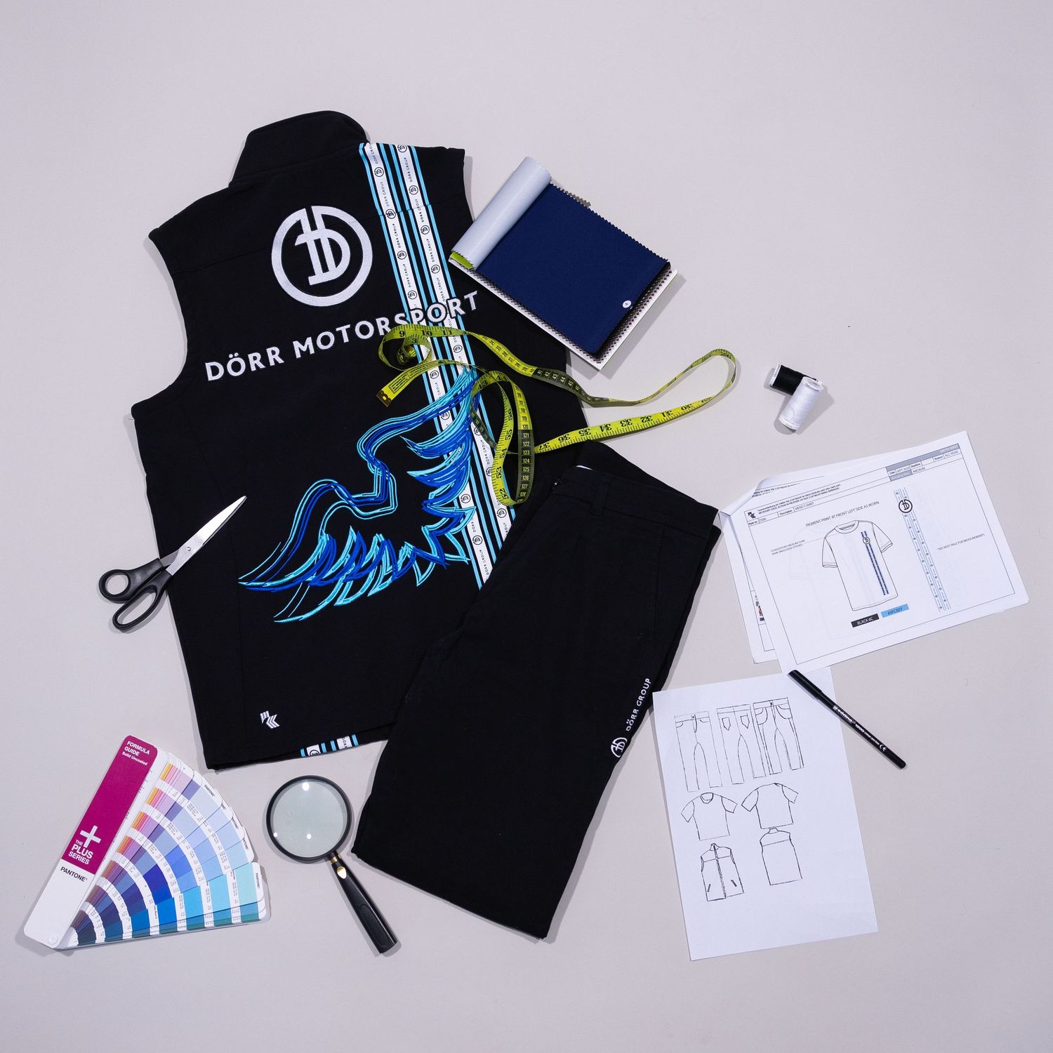Marketing collage showing logo design elements, color swatches, and branded materials laid out on a light gray background.