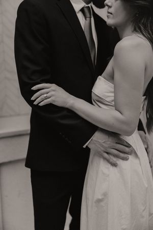 A series of intimate black and white portraits showing formal attire details.