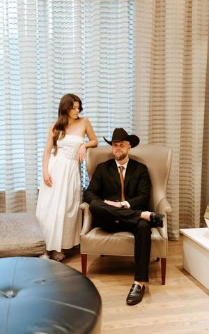 Interior photos showing a couple in formal wear near a window with striped curtains.