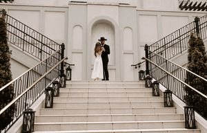 Panoramic wedding photo series showing multiple poses on white stone steps.