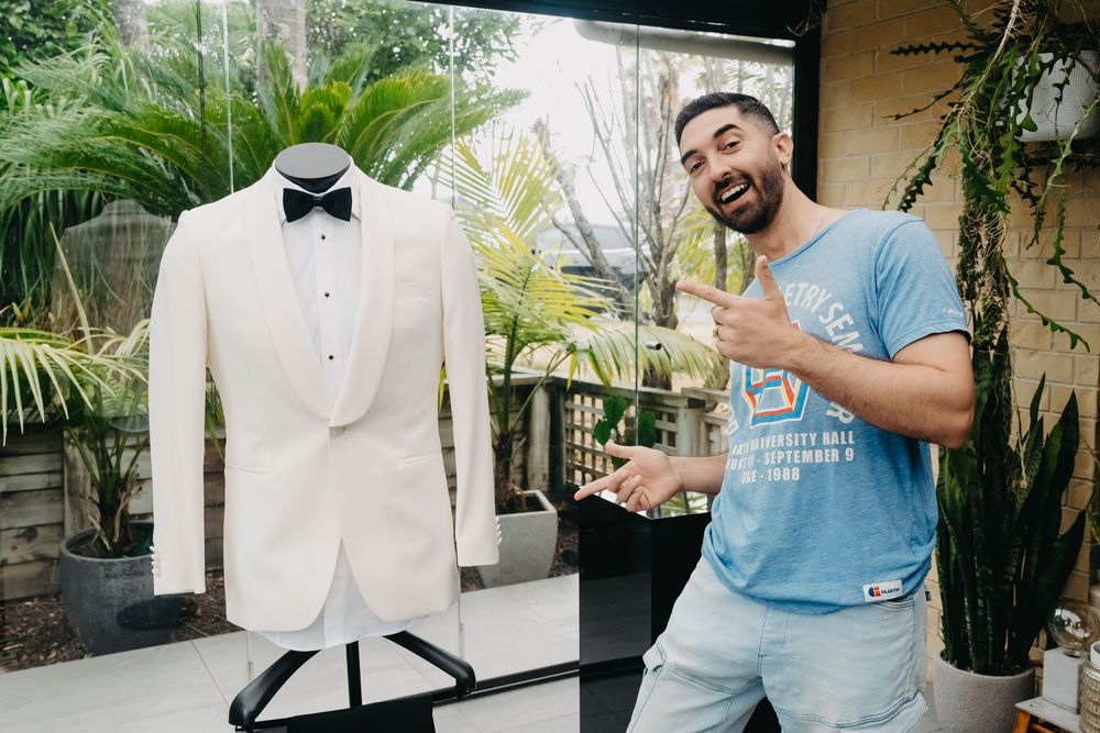 A collection of tuxedo and wedding attire photos including close-up details of white jackets and bow ties.