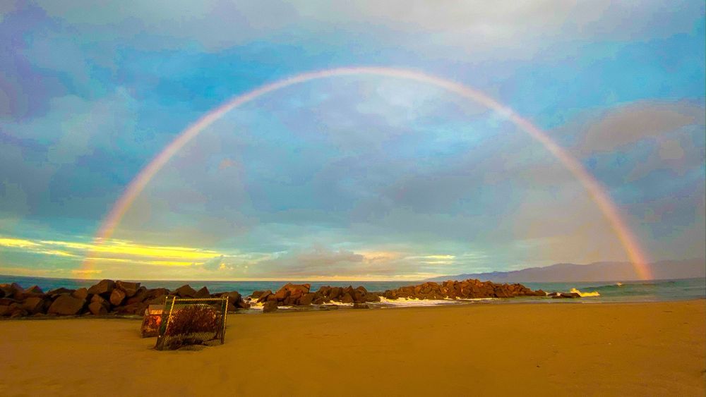 Vibrant rainbow arches over Venice Beach with rocks and ocean beneath.