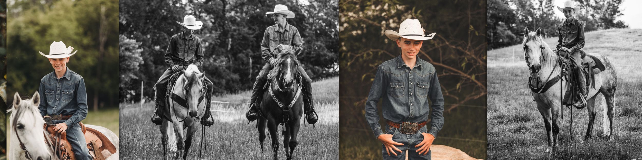 A series of western cowboy photos in both color and black and white featuring riders with horses on ranches.