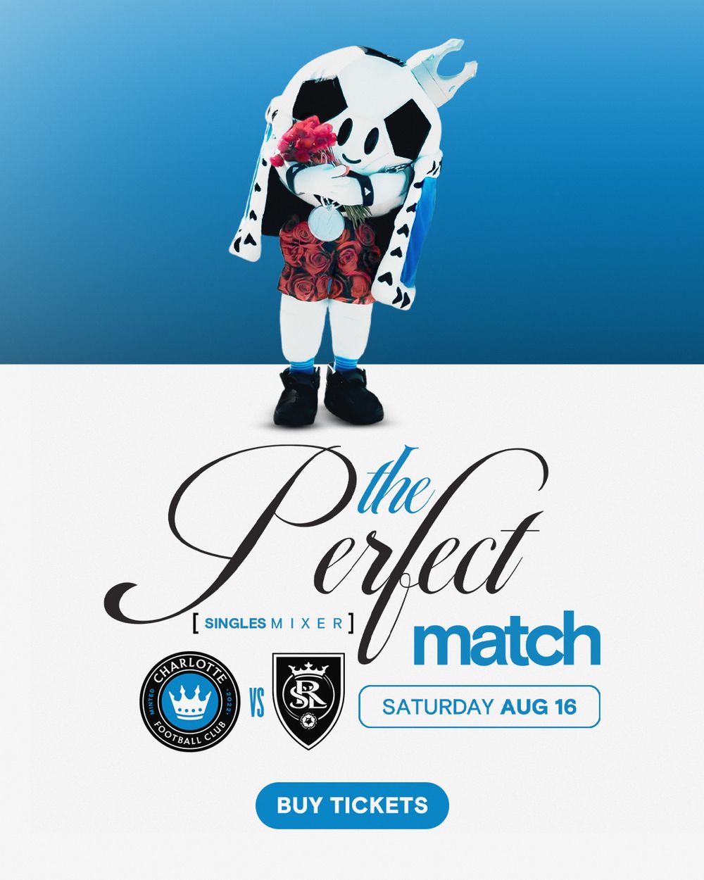 Charlotte FC Perfect Match Singles Mixer event poster for Saturday August 16 game.