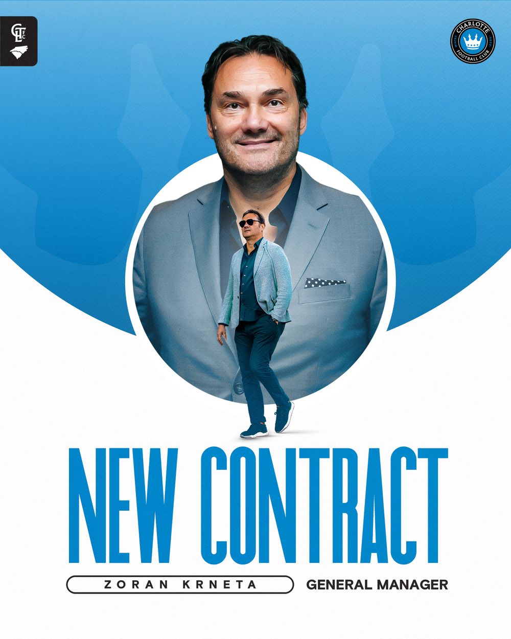 Zoran Krneta signs new contract as General Manager announcement graphic in blue and white.