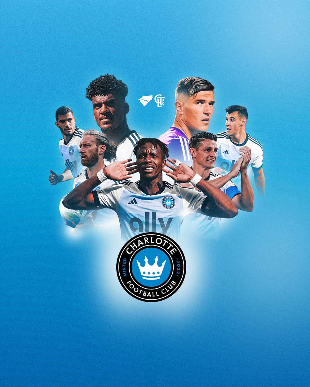 Charlotte FC players composite portrait photo on blue gradient background featuring team crest and crown logo.