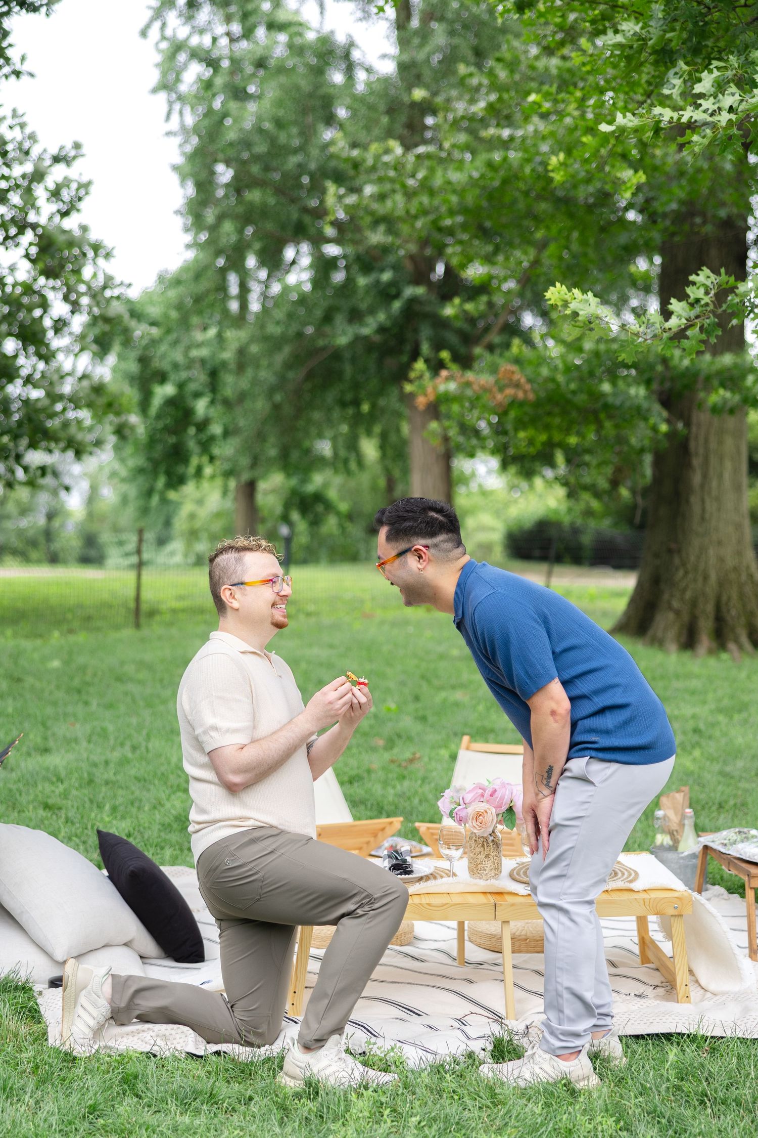 A romantic proposal scene on a picnic blanket in a Central Park with a wooden table and cushions.