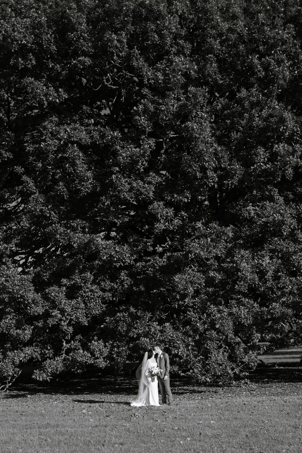 A distant wedding couple stands together on a lawn against a backdrop of lush trees in black and white.