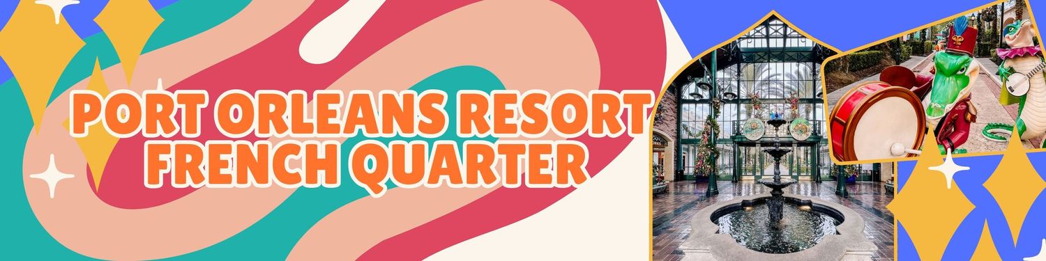 Retro-style Port Orleans Resort French Quarter header with decorative building photo.