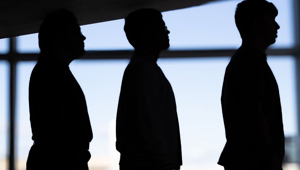 A silhouetted lineup of people standing in front of a bright background with dark shadow profiles.