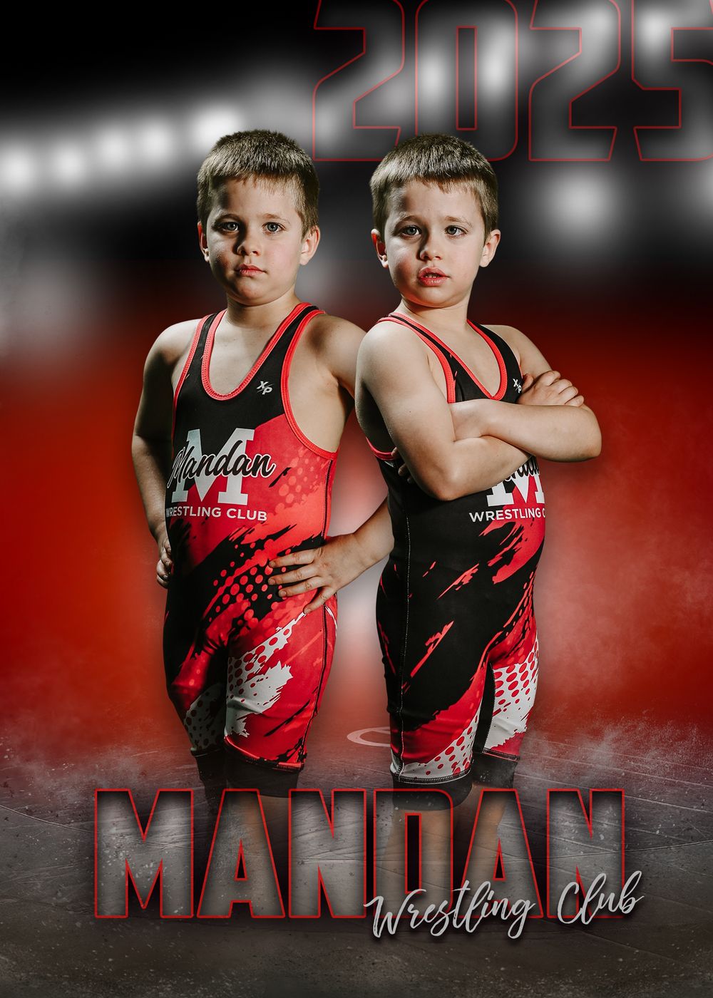 Youth wrestlers pose in red and black uniforms against a dark background with 'Mandan Wrestling Club' text overlay.