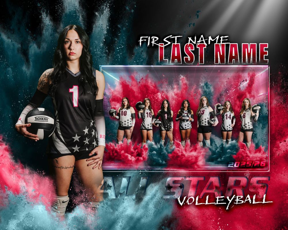 A dynamic volleyball sports banner design featuring pink smoke effects and silhouettes of players in action poses.