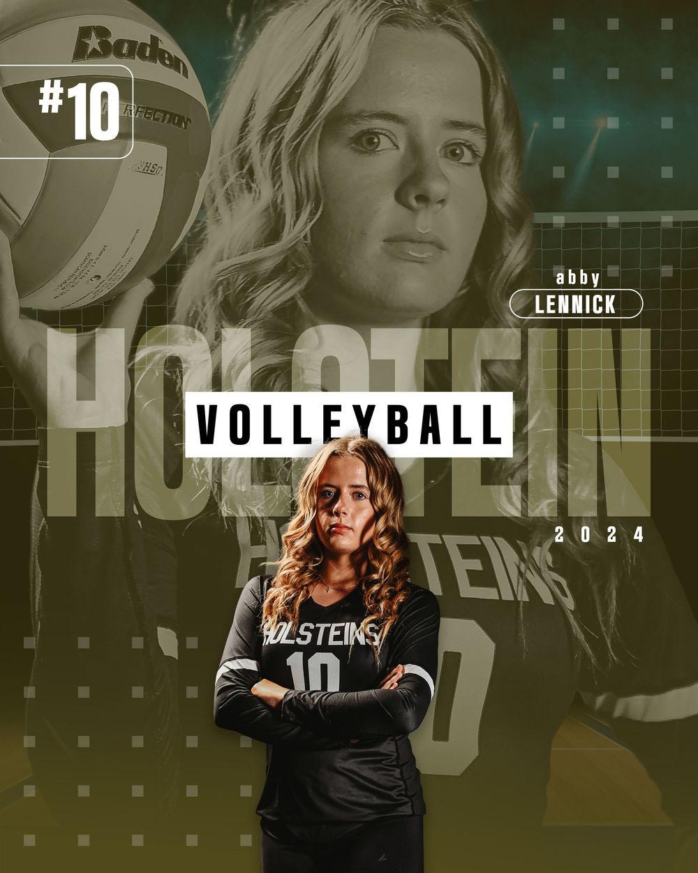 Volleyball player in dark uniform poses dramatically against teal background with stylized lighting effects and text overlay.