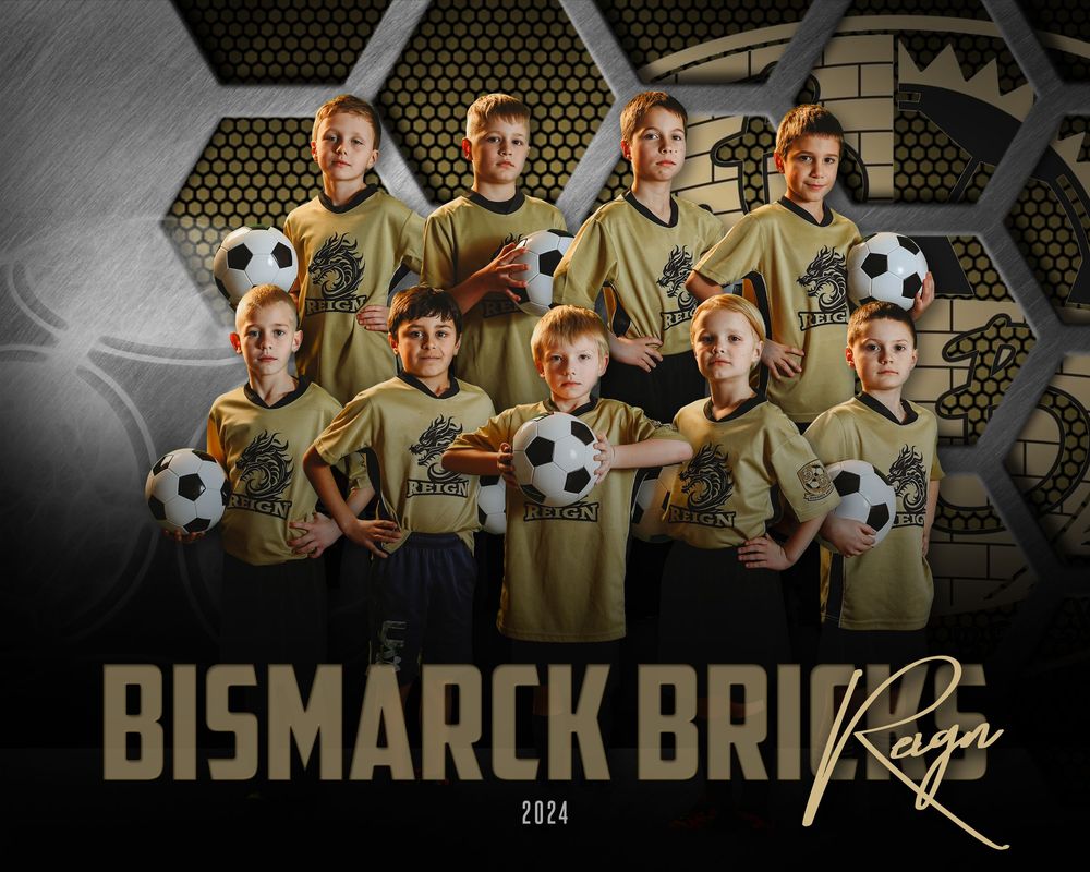 Soccer team players pose in gold uniforms with soccer balls against a dark backdrop with hexagonal patterns.