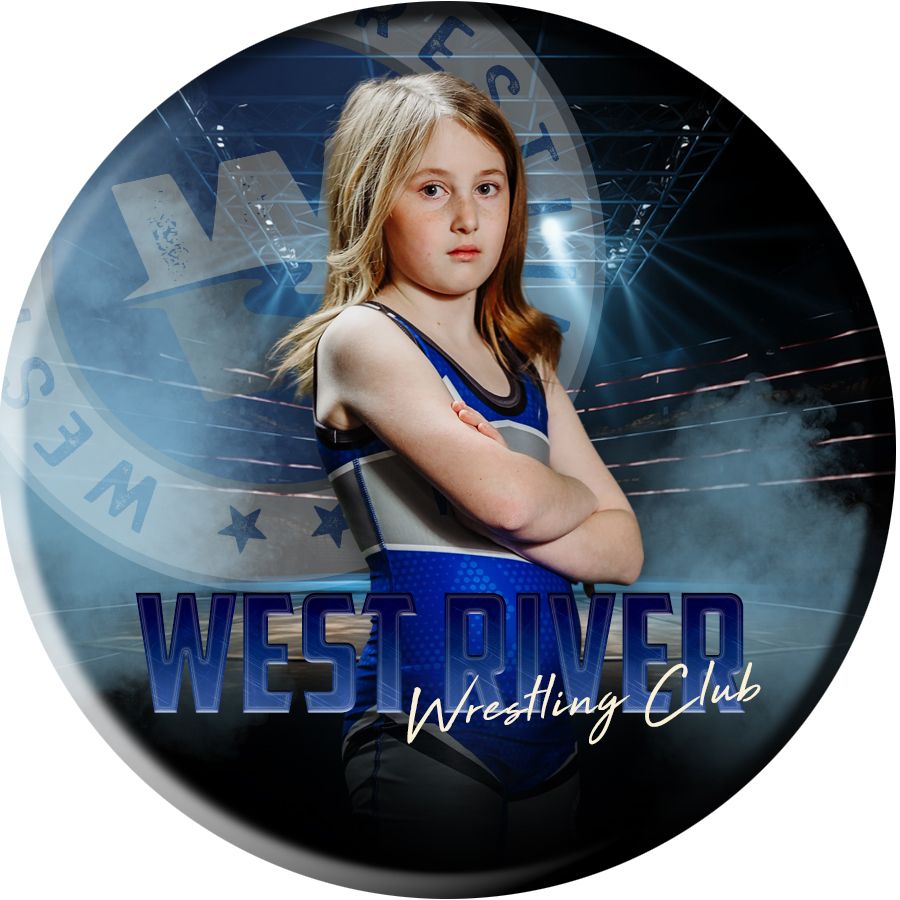 A dramatic sports portrait design featuring a young athlete against a blue star-filled background with wrestling club text.