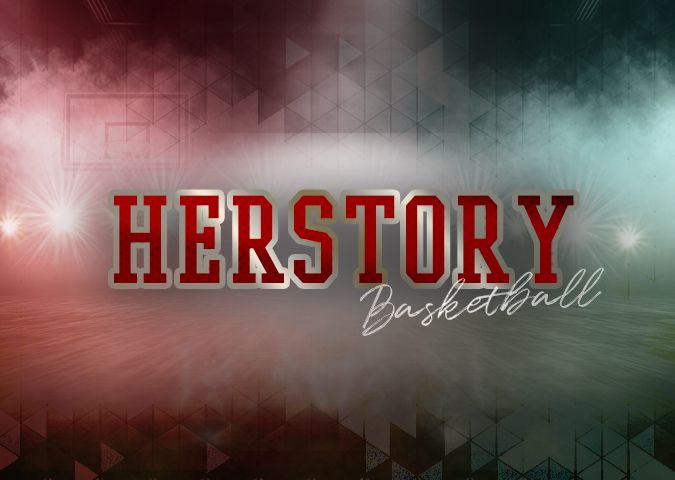 Pink and red abstract title text 'Herstory' appears in cinematic style against a smoky dark background.