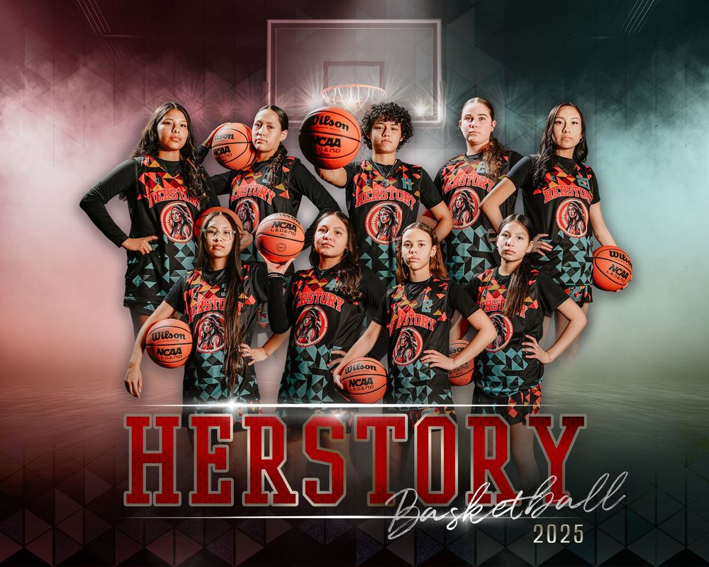 Eight basketball images showcase team photos and sports branding for Herstory Basketball in red and smoky lighting effects.