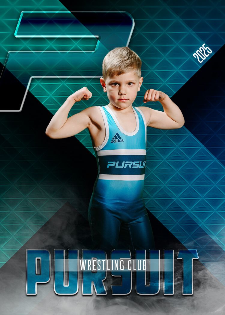 A person strikes a strong pose wearing blue wrestling attire against a dark background with geometric patterns.