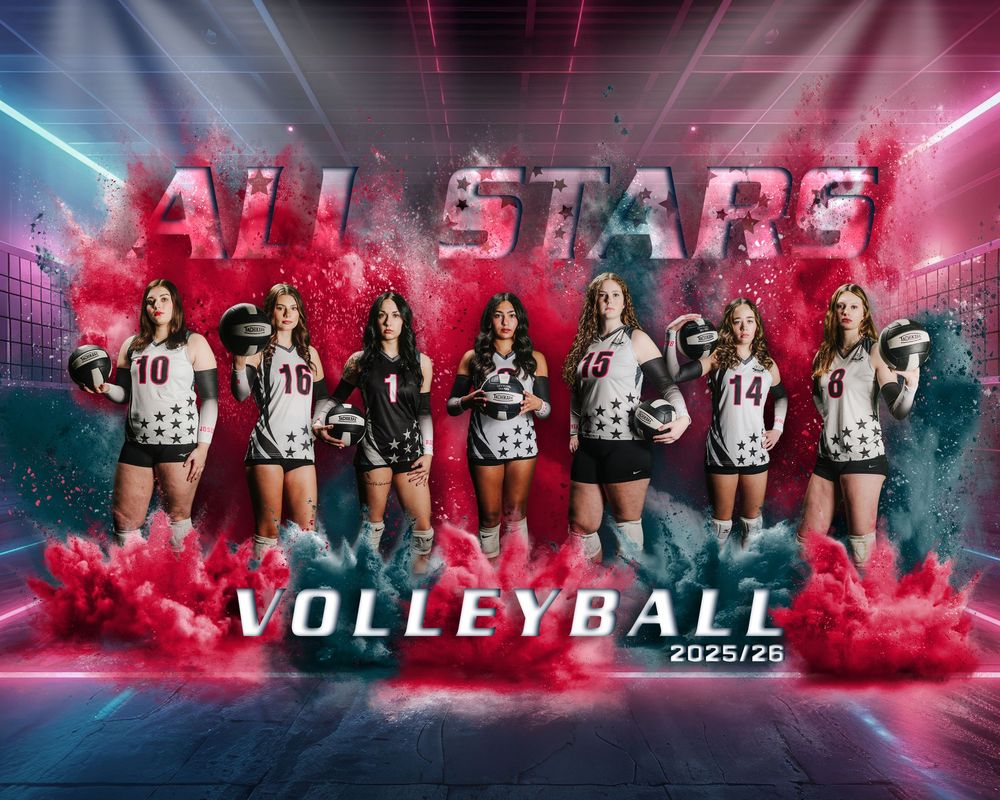 Artistic volleyball team photo collage with players in uniforms against red and blue smoky backgrounds.