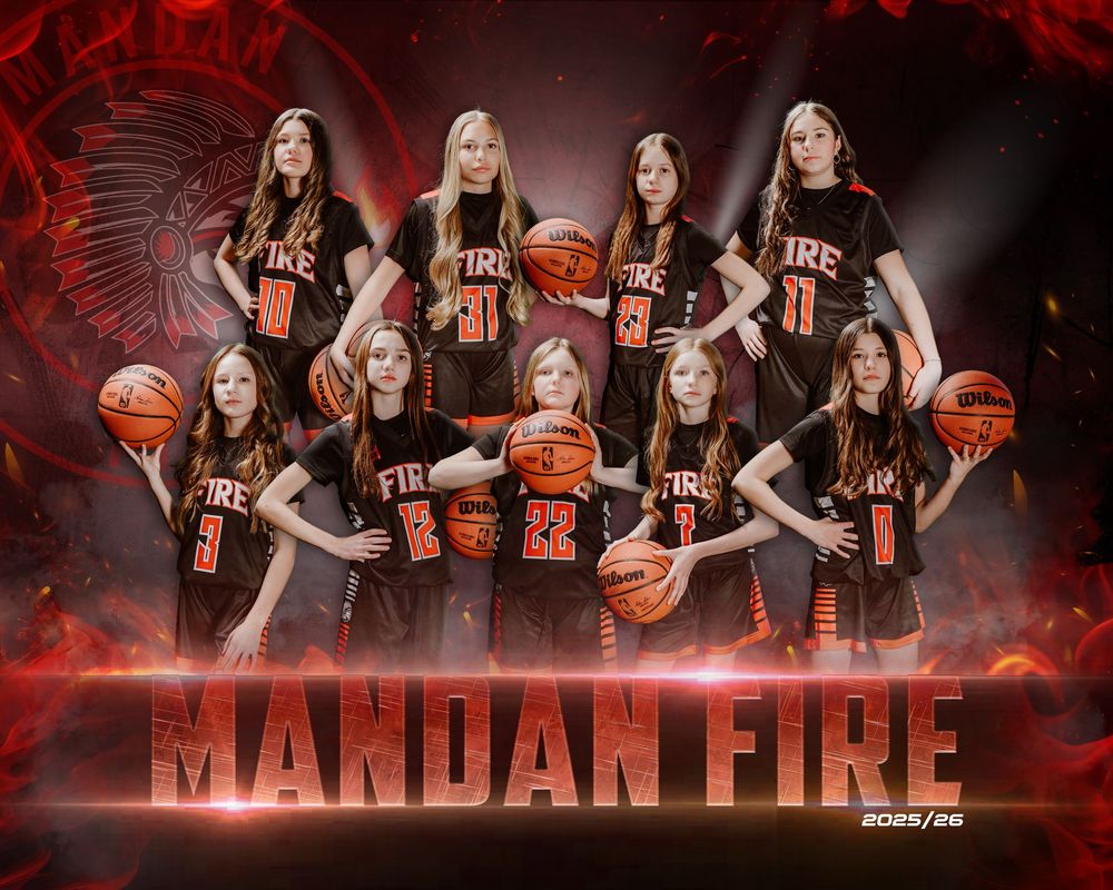 Basketball team players pose in dramatic lighting with orange and red effects in a composite sports banner design.
