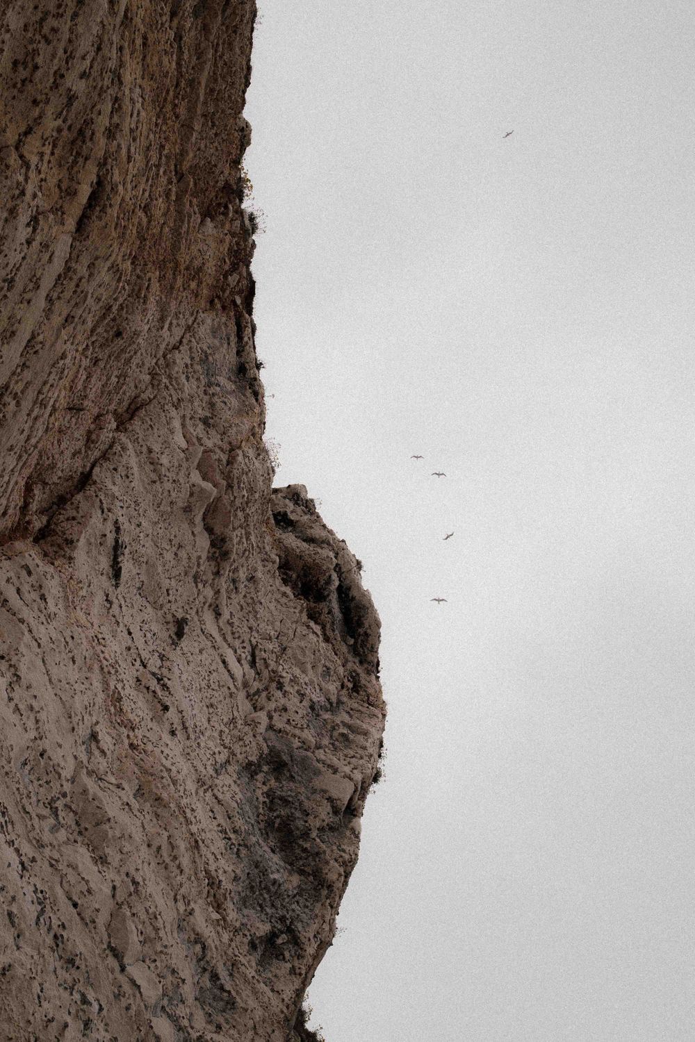Abstract composition of rough brown cliff edge against white sky.