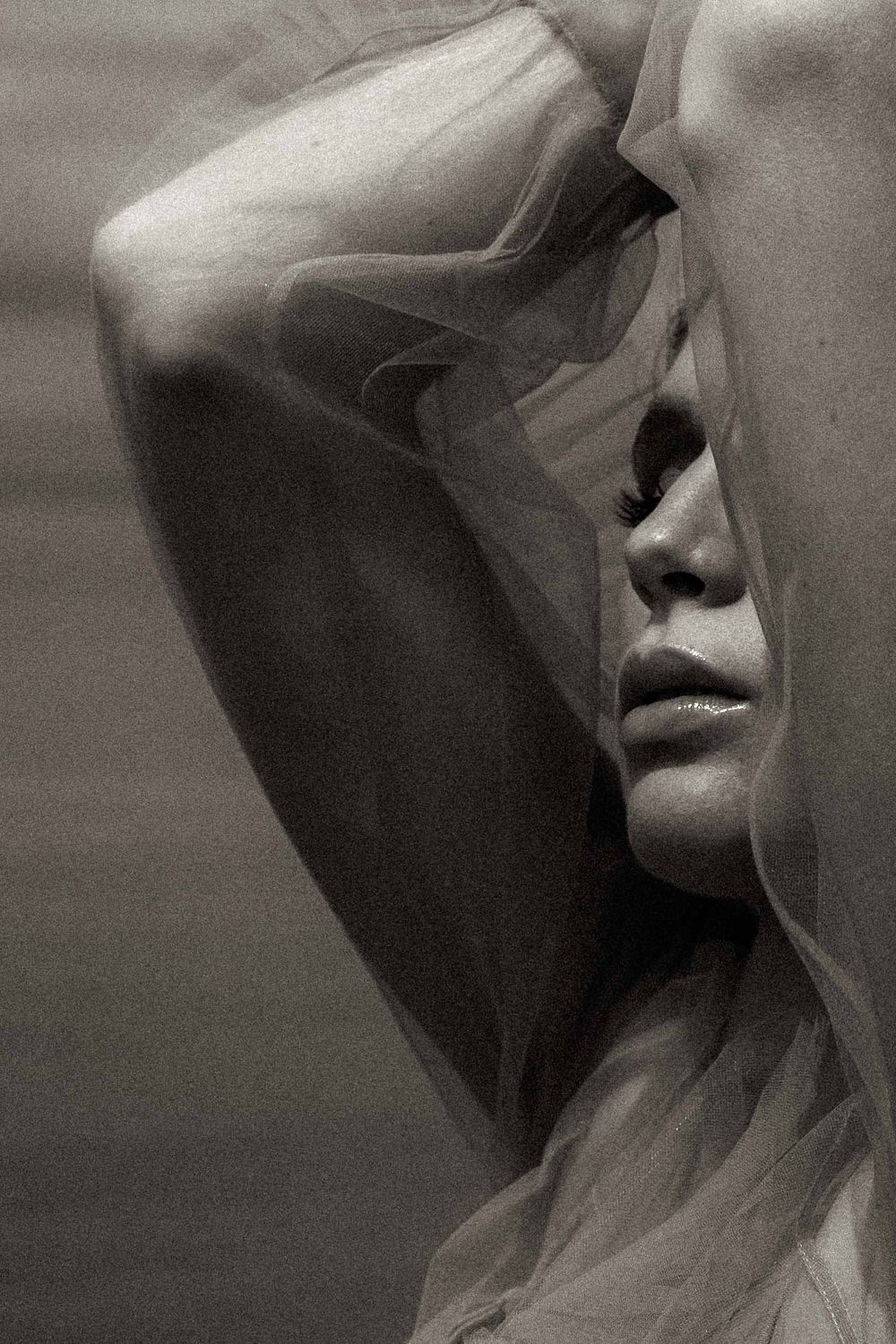 Artistic black and white photograph with flowing sheer fabric creating dramatic shadows.