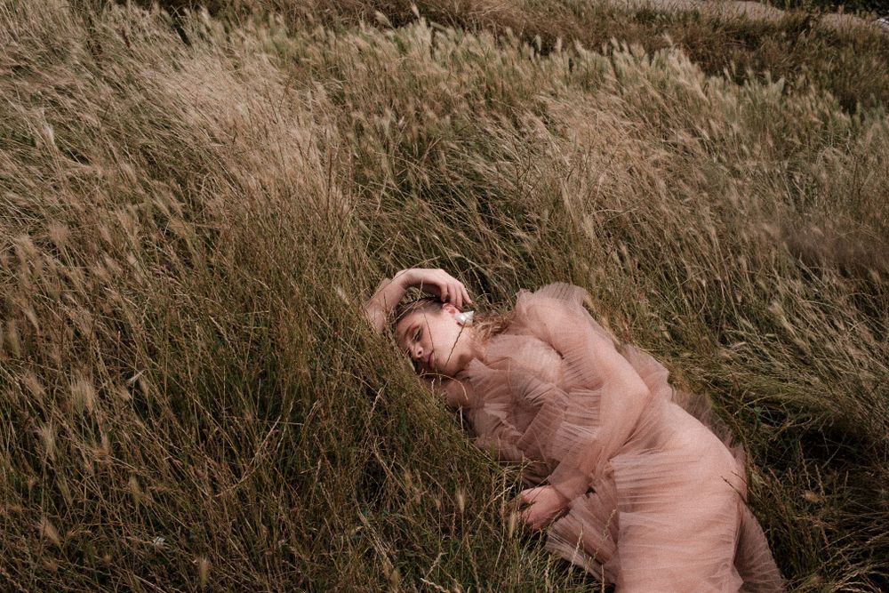 Romantic portrait in blush dress lying among tall golden grass.