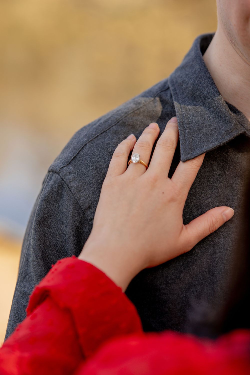 A close-up of a hand wearing an engagement ring rests on a gray jacket sleeve with red fabric visible.