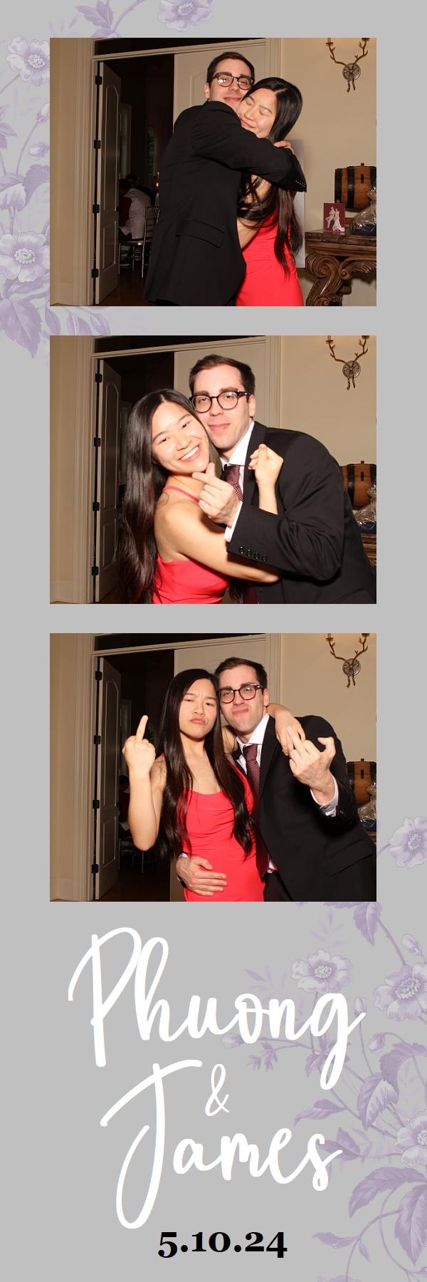 A couple in formal attire poses playfully in three photo booth style shots with a floral border and wedding date text.