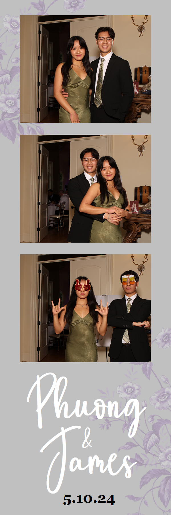 Photo strip showing a couple in formal attire posing at a party, with the bottom photo featuring fun party glasses.